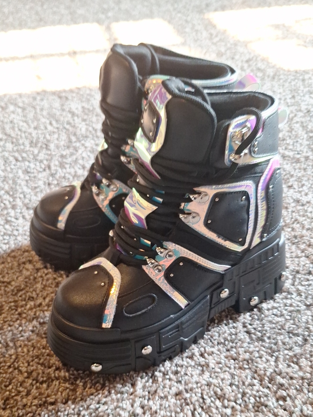 Women's Black Lace-Up Platform Combat Boots with Iridescent Accents